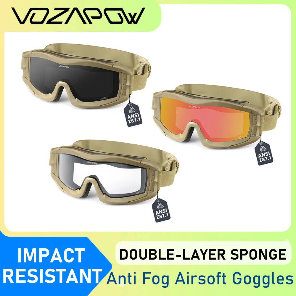 Vozapow Airsoft Tactical Glasses Impact Resistant Safe Anti Fog Sunglasses UV400 Mountaineering Adventure Glasses Shoot Goggles