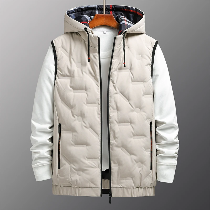 Fashion Simple Loose Men Jacket Hoodies Detachable Oversize Warm Windproof Causal Thermal Sleeveless Zipper Duck Down Vest Coats
