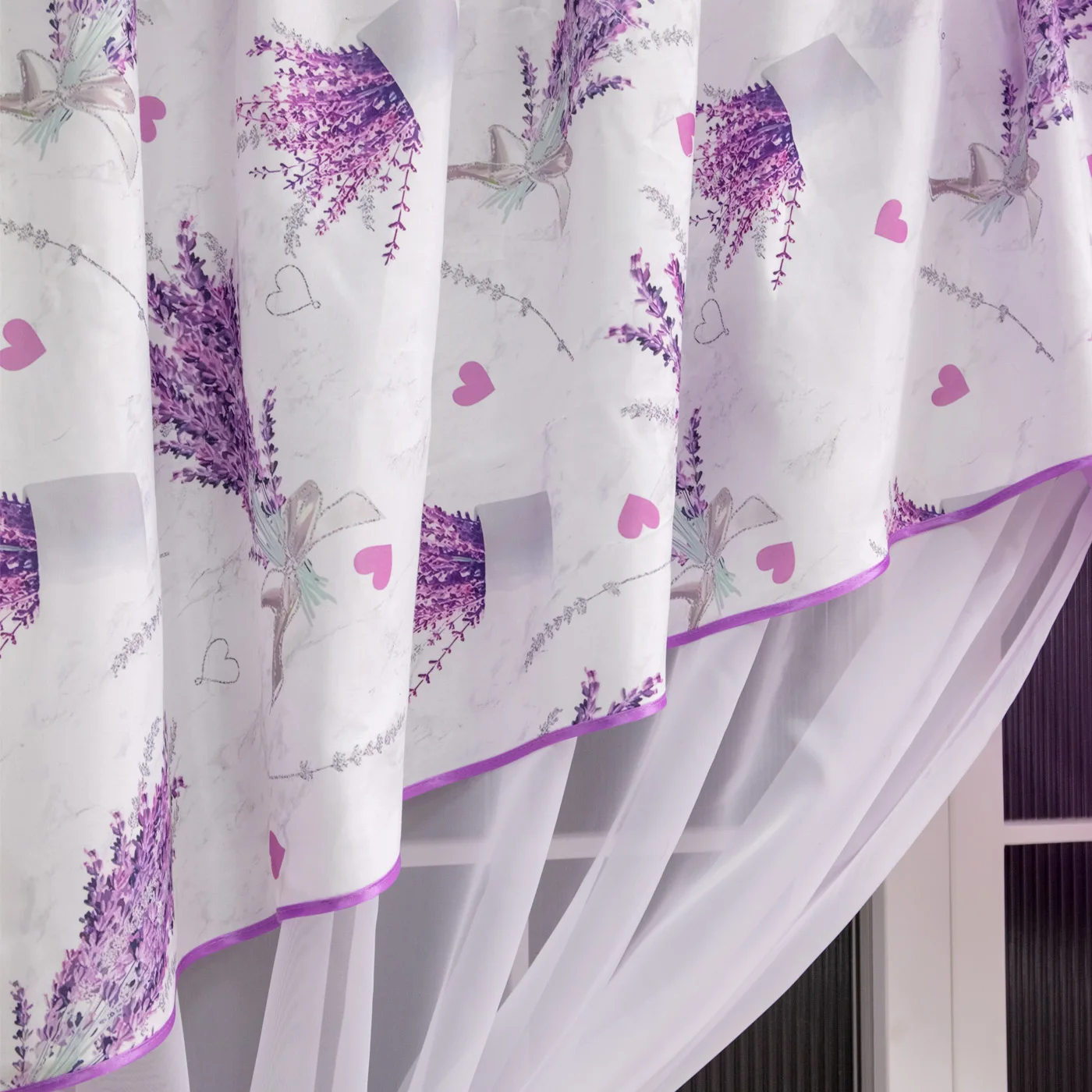 1PC Rod Pocket Lavender Floral Tie Up Cafe Curtain, Light Filter Double Layer Sheer Drape, For Bedroom, Sweet Housewarming Gift