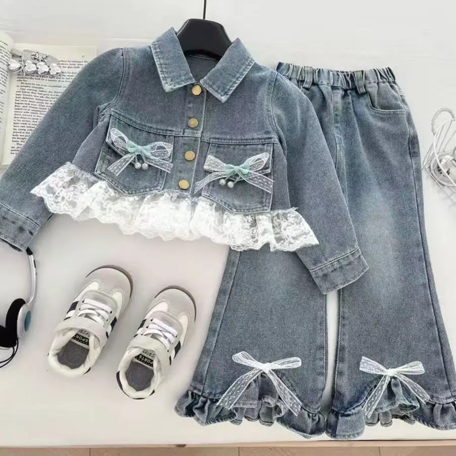 

Girls Combination Suit Spring and Autumn New Korean Version Girls Denim Top Lace Trousers Baby Cute Denim Two-piece Set 90-150cm