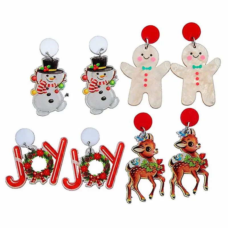 Cute Deer Snowman Acrylic Drop Earrings for Women Girl Cartoon Elk JOY Letters Christmas Decoration Earring Party Jewelry Gift