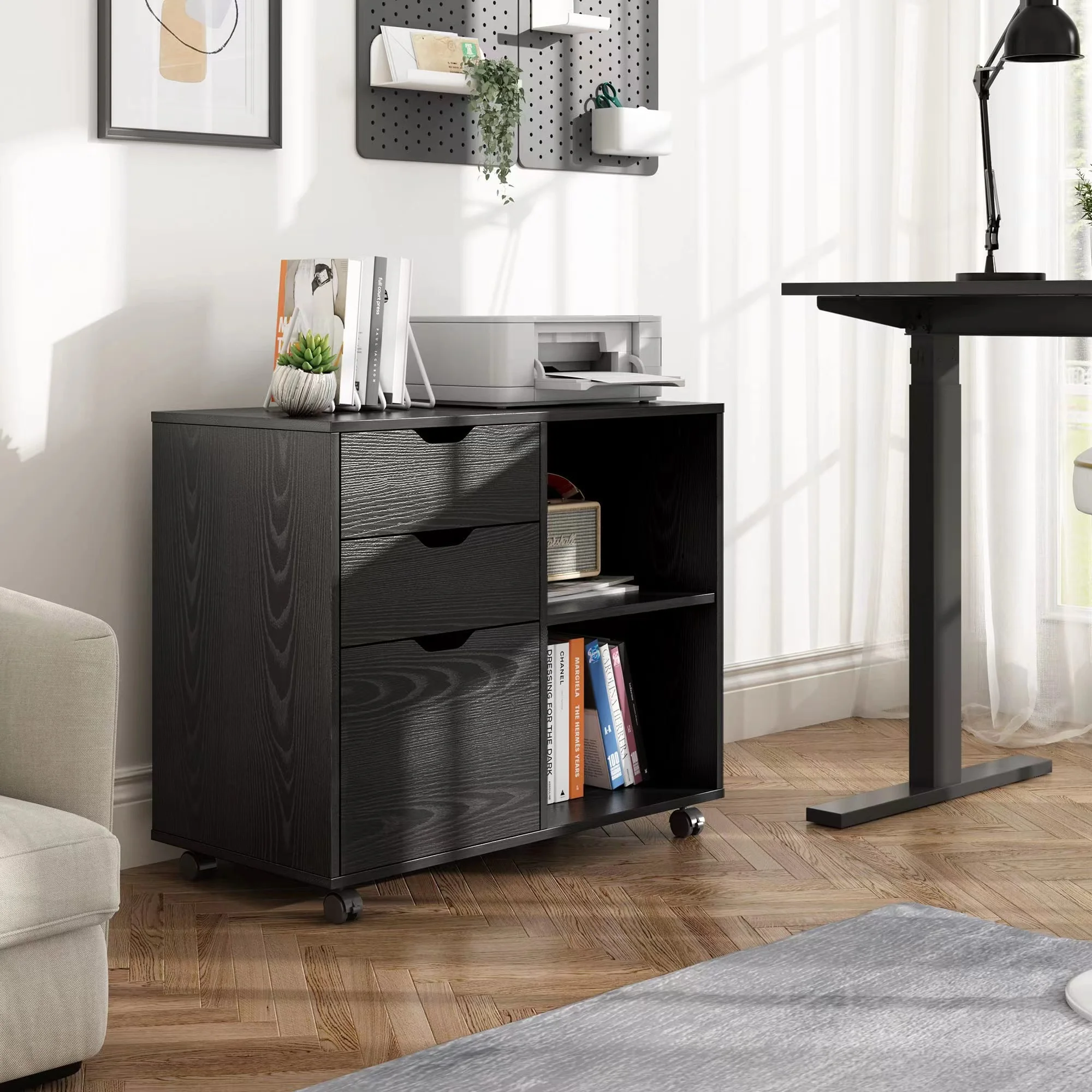 

Movable MDF Furniture Black Standing Type Cabinet Double Tiers for Home Office Living Room Fall Pot Storage Shelves