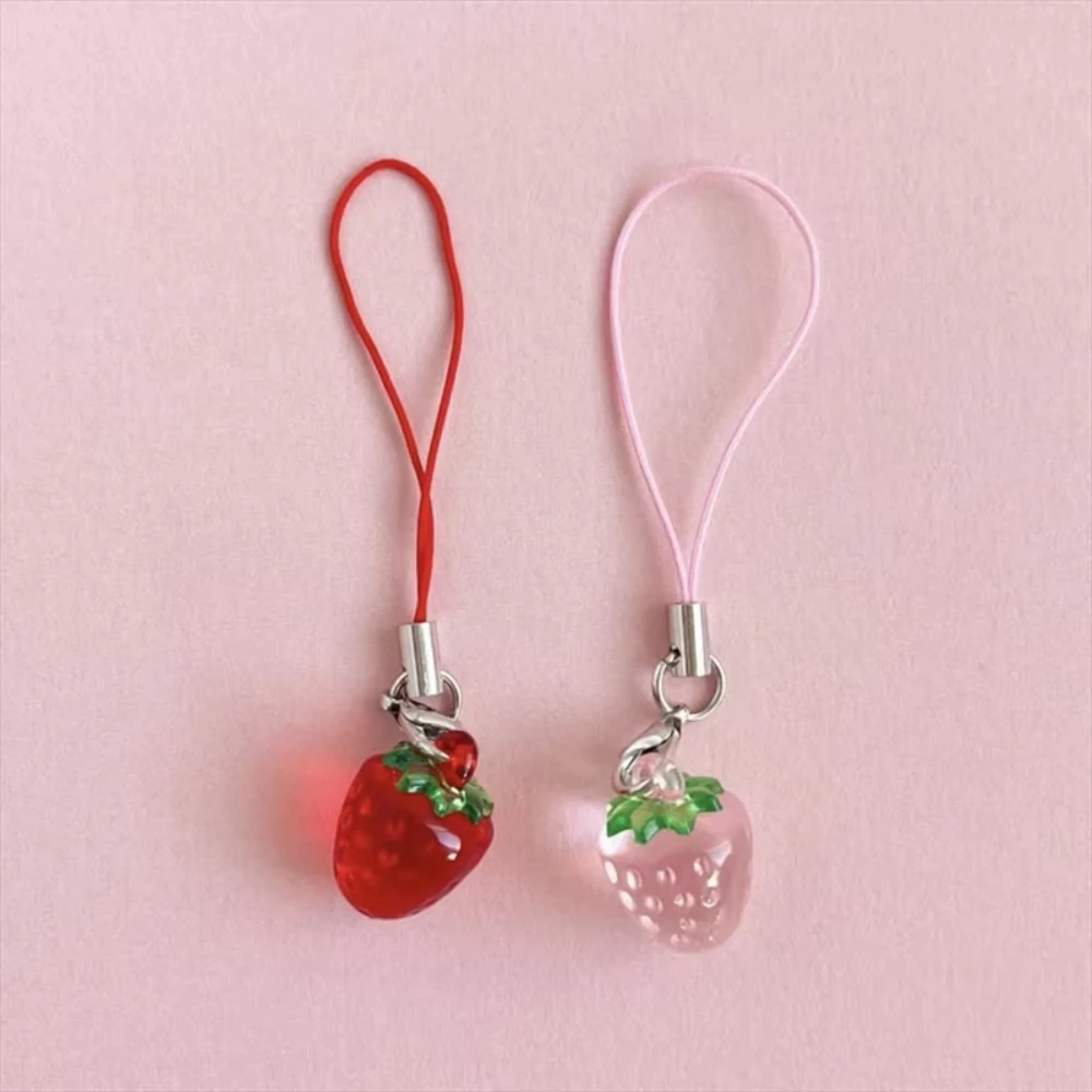 Strawberry Keychain Phone Charm Cute Resin Pendant Fruit Keyring Kawaii Mobile Lanyard Bag Charm Transparent Pendant Gift