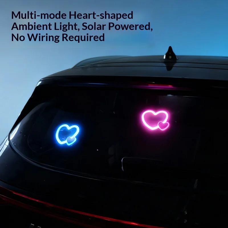 Solar Powered Car Neon Light Wireless Cute Heart Shaped Led Ambient Light Suction Cup USB Rechargeable Atmosphere Breathing Lamp