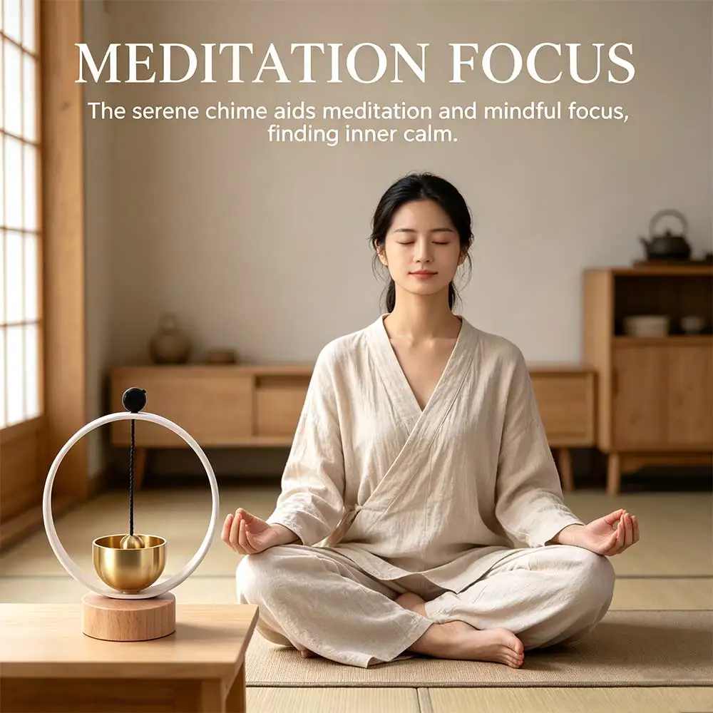 Wood Base Singing Bowl Set Circular Frame Clear Tone Meditation Instrument Ornaments Soothing Sounds Yoga Wind Chimes