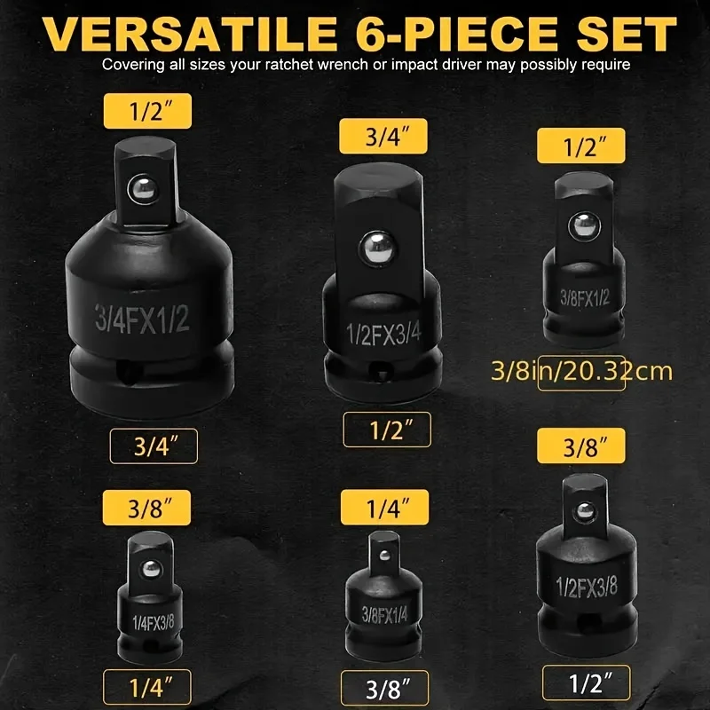 6Pcs Impact adapter and gear reducer sleeve set, multi-function size - with safety ball stop