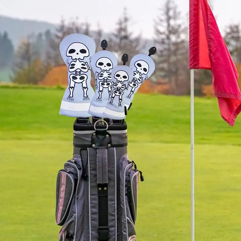 Golf Club Headcovers 4pcs Skeleton Pattern Golf Driver Cover Embroidery Golf Headcovers Protector Halloween Themed Driver Fairwa