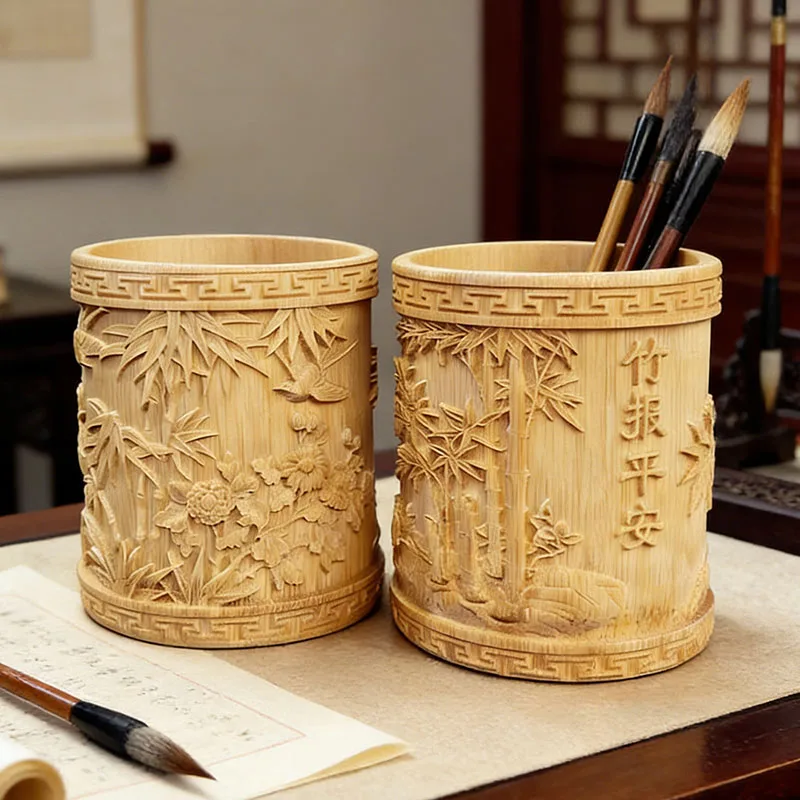 Chinese Style Bamboo Brush Holder - Vintage Pen Organizer Desk Decor, Creative Calligraphy Brush Storage