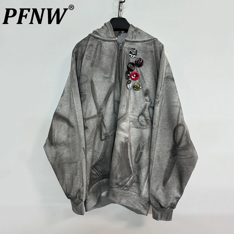 PFNW High Quality Dirty Dye Handmade Plastered Badge Distressed Destroyed Zipper Hoodie Top Men's Oversized Sweathshirt 28W5832