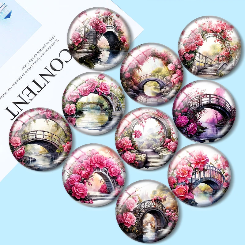 Red Floral Landscape Made 12/18/20/25mm glass cabochon  bracelet pendant rings for jewelry demo earrings back Making findings