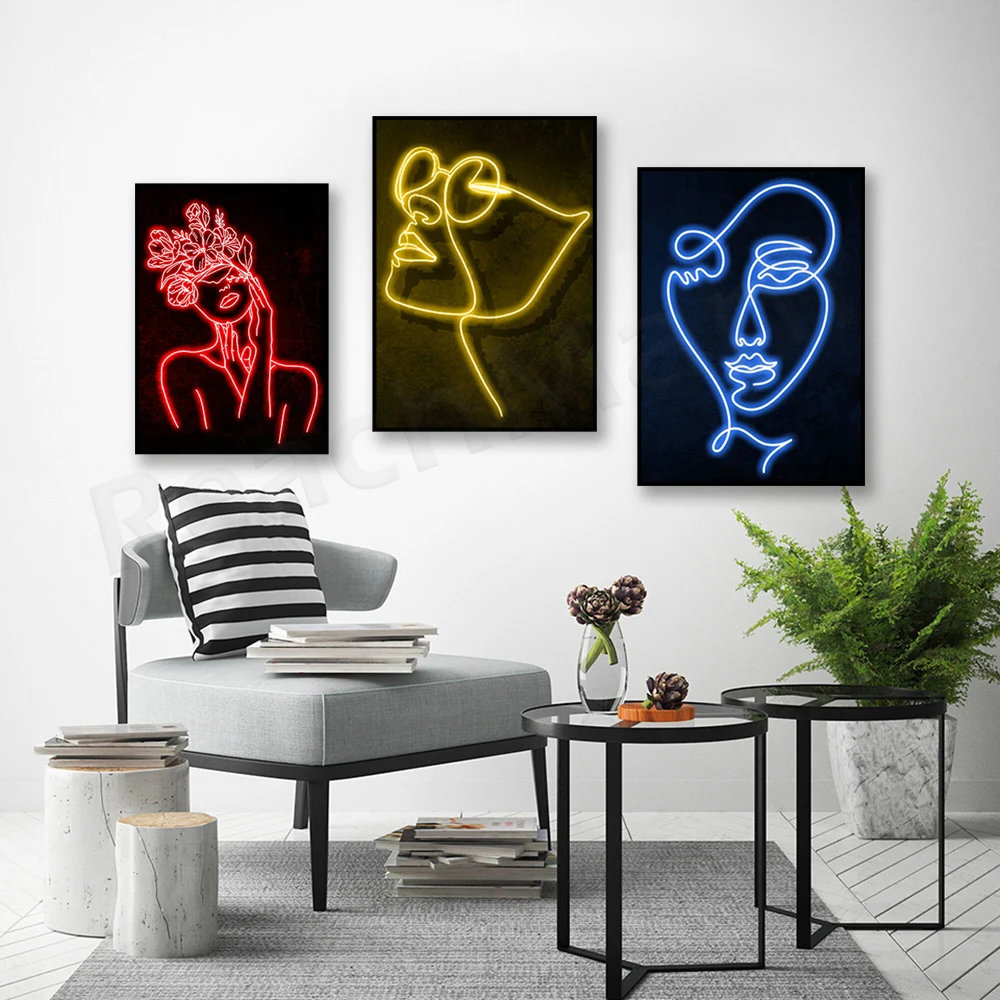 

Neon effect illustration woman face line wall art modern abstract canvas painting wall painting nordic poster decoration