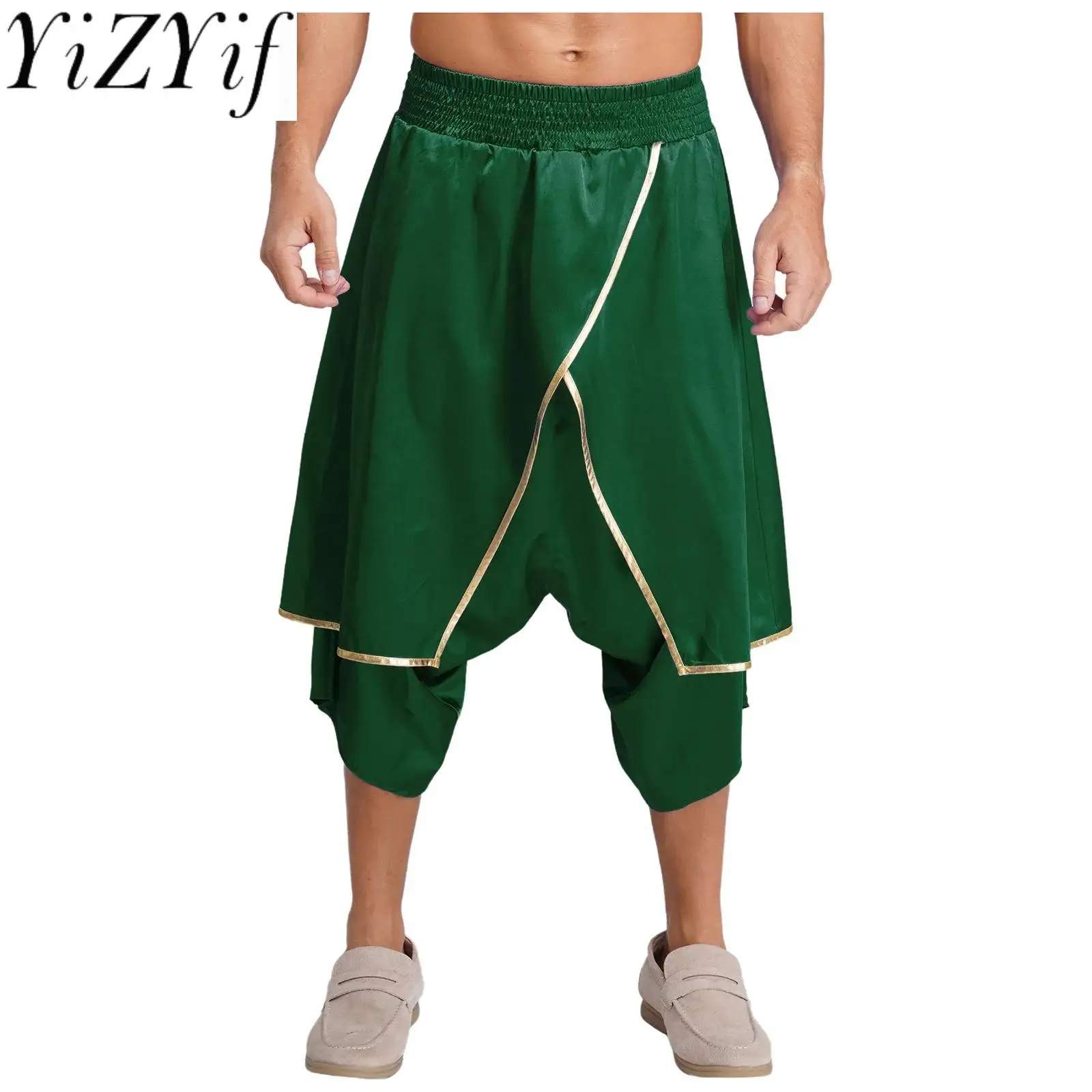 

Men's Halloween Arabic Indian Hippie Harem Pants with Metallic Trim Widen Loose Lantern Pants Satiny India Dhoti Cosplay Pants