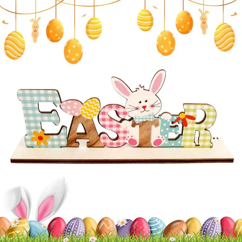 Easter Decoration Sign Blocks Colorful Easter Tabletop Decor Wooden Spring Bunnies Tabletop Sign Funny Indoor Home Decoration