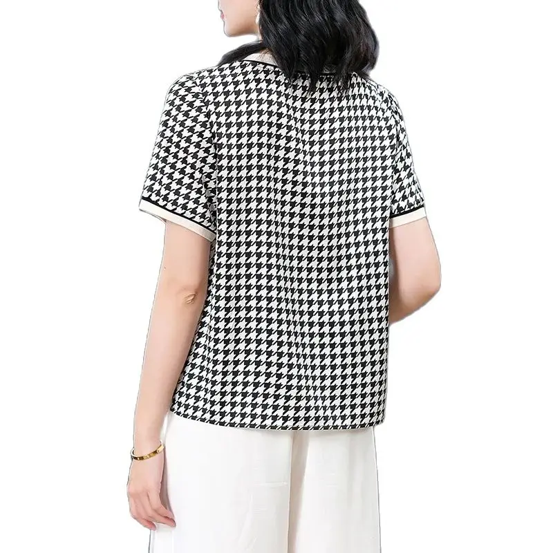 BirdTree, 92% Real Silk Fashion T-Shirt, Women's Short Sleeve Houndstooth, Oversize Elegant Tees, 2024 Summer 4XL Tops T444136QM