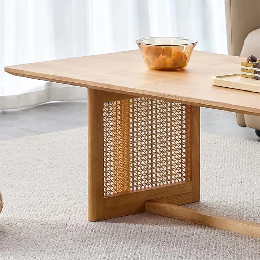 Mesa de centro moderna de ratán de imitación bohemio para sala de estar, mesa de té de centro de madera maciza Rectangular de estilo minimalista