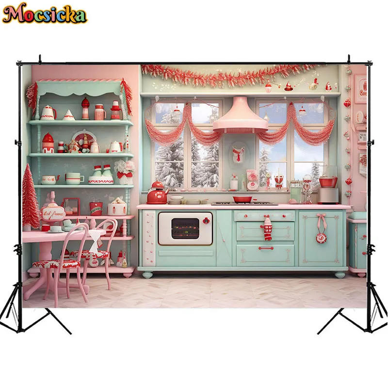 Christmas Modern Kitchen Photography Backdrops Winter Indoor Cooking Kids Portrait Cake Smash Background Xmas Tableware Props