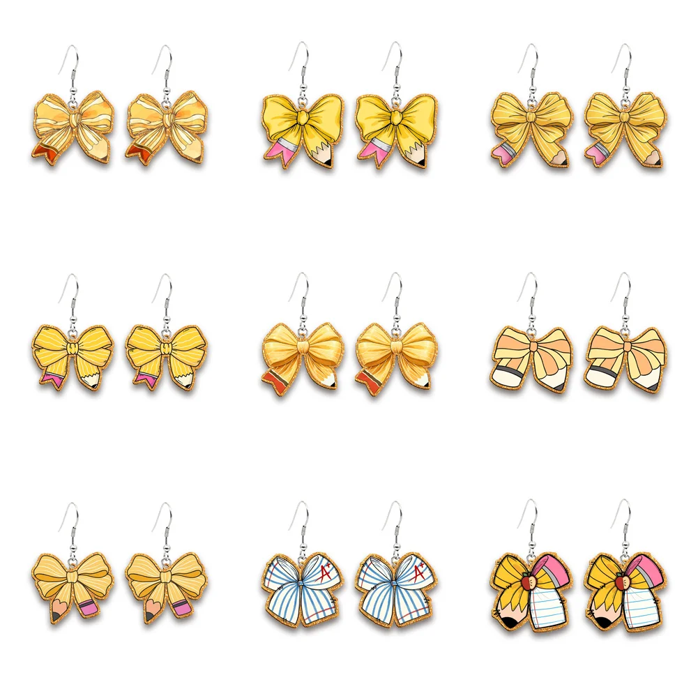 Back to School Pencil Color Glitter Acrylic Earrings Ear Stud Eardrop Pendant Flatback for Decoration Party Festival Makeup
