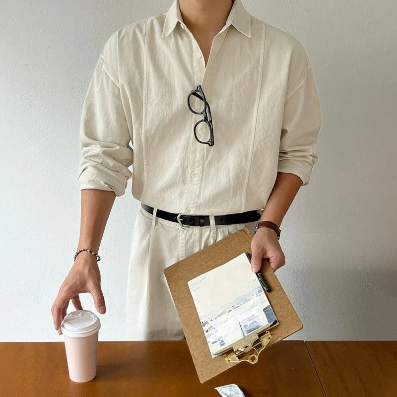 

2026 New Men's Spring Autumn Long Sleeve Shirts Male Korean Solid Color Blouses Men Pockets Casual Shirt Coat