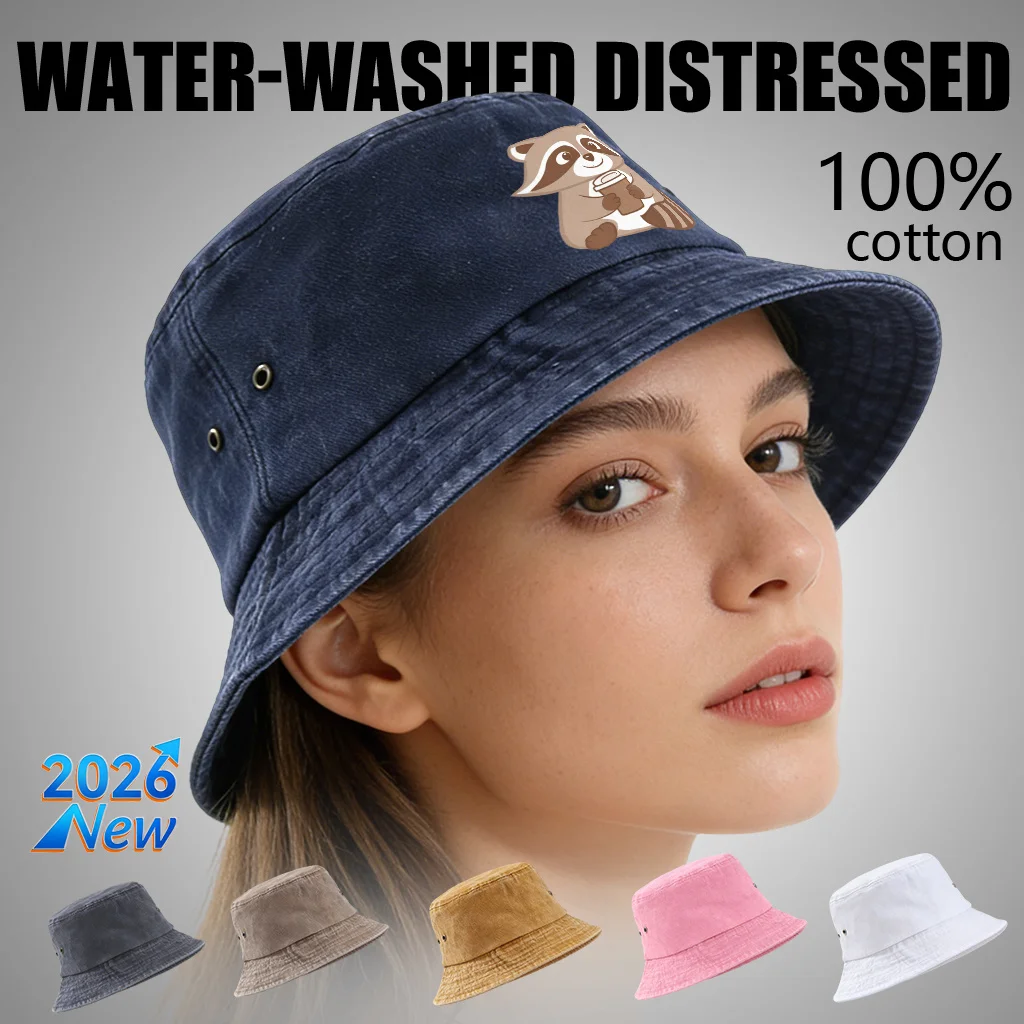 Retro Distressed Washed Bucket Hat with Cool Print, Lightweight And Breathable with Ventilation Holes, Available in Multiple Col