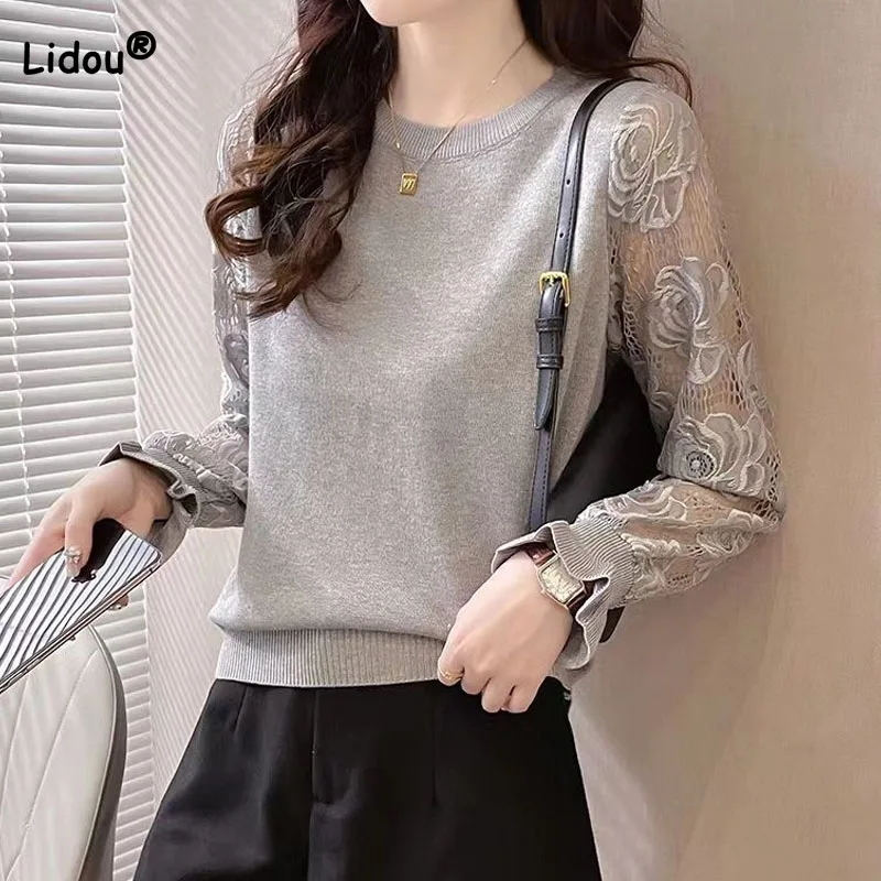 

Casual Simplicity Lace Spliced Long Sleeve Knitted Tops Spring Autumn Ladies Solid Color All-match Sweaters Women's Clothing