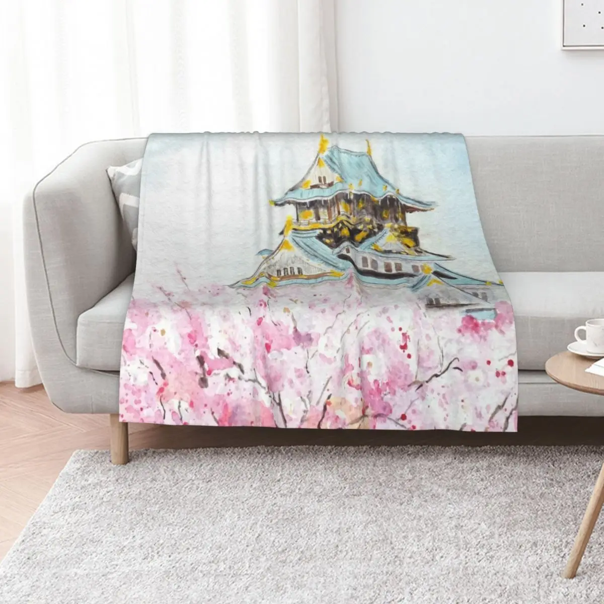 hand painted Japan Osaka castle and sakura watercolor painting Throw Blanket heavy to sleep Winter beds Weighted Blankets