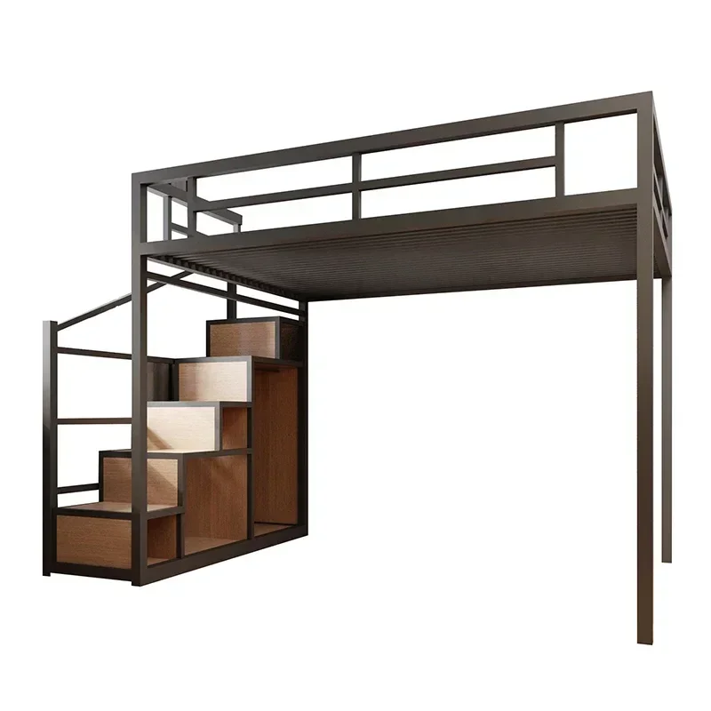 Double-decked second-floor bed, empty wrought iron loft elevated sheets, upper bed, lower table, househol adult suspended bed.