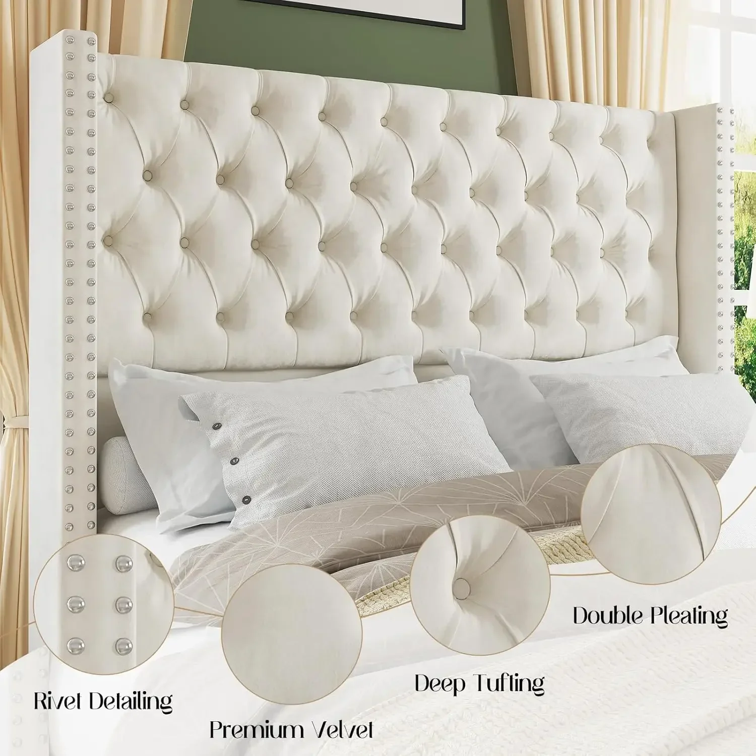 Queen Upholstered Bed Frame with Tall Headboard Wingback Platform Bed Tufted Deep Button Velvet