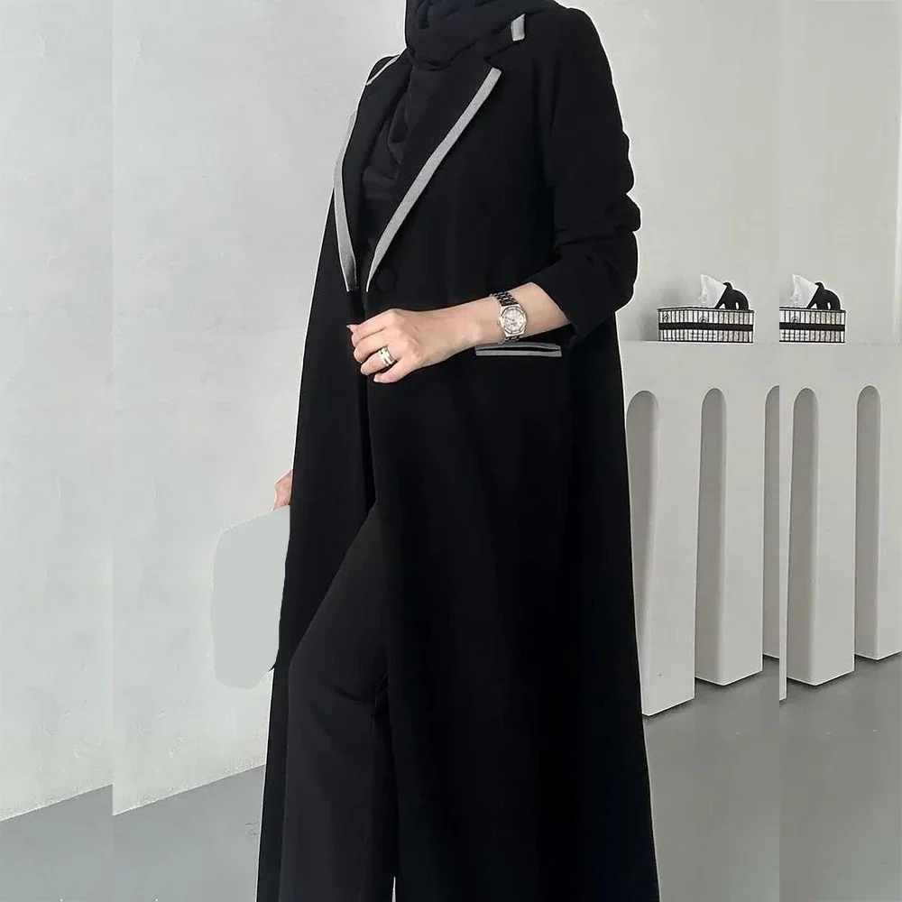 Muslim Dubai Women's Blazer Black One Button Notch Lapel Long Clothing Office Work Daily Outerwear Jacket 1 Piece Costume Abayas