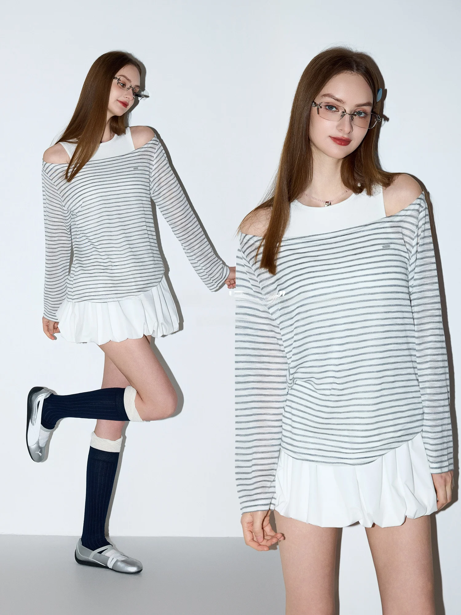 

MoodBerry American Retro Striped Shoulder Bared Set Women Summer Pure Color round Neck Vest Top Casual Style Cotton Blend Lon...