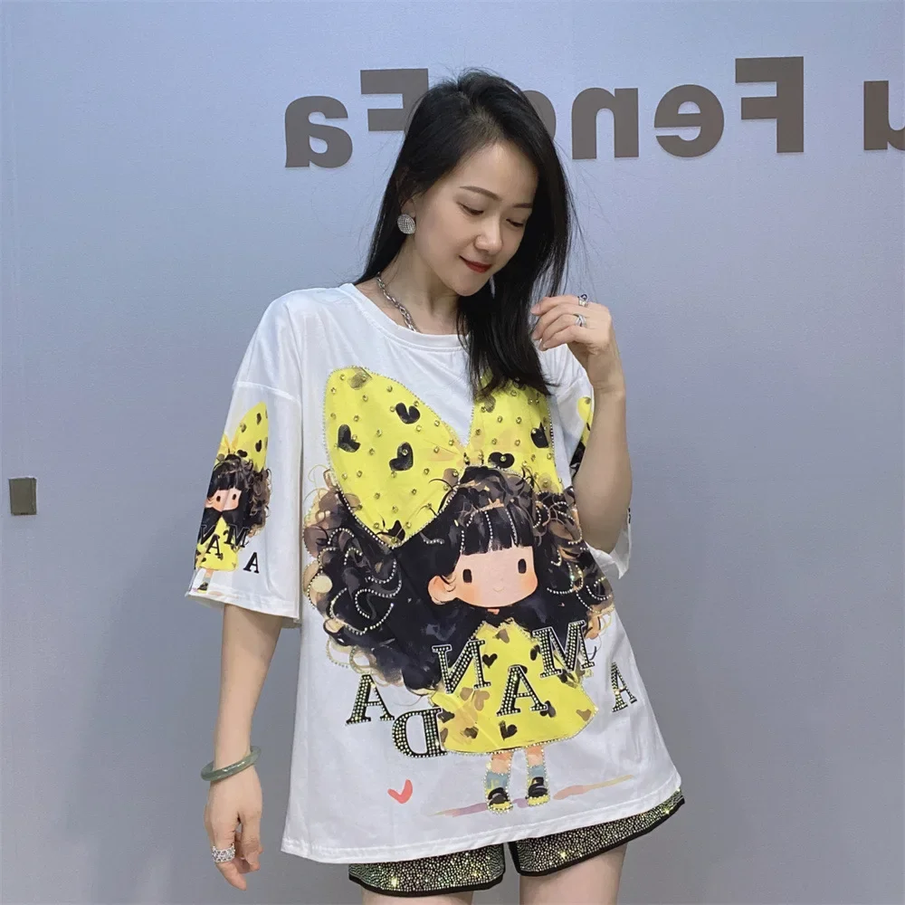 2025 New Summer Women Half Sleeve T-shirt All-match Cartoon Printed Diamonds Loose Tees O-neck Casual Pullover Large Size Top