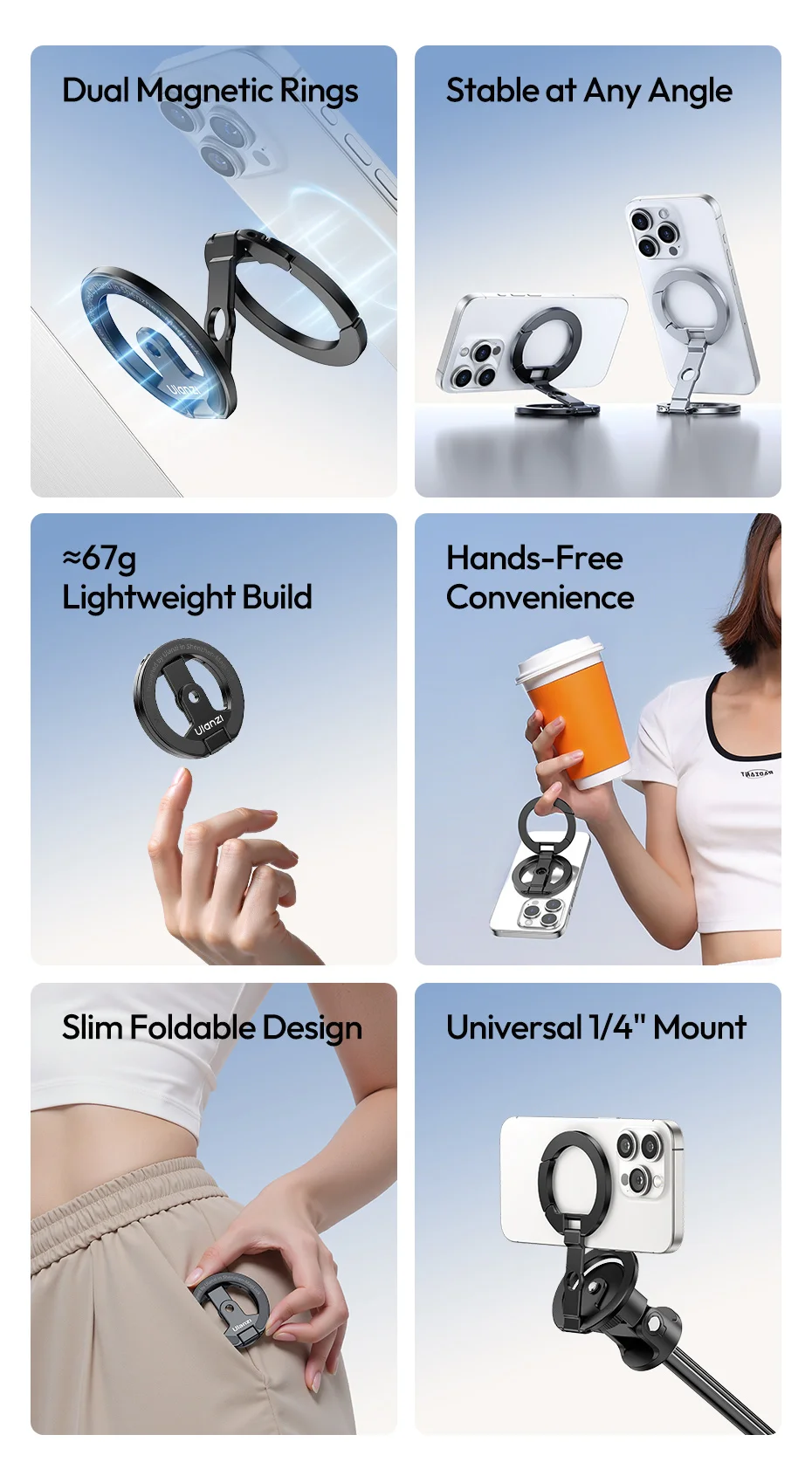 Ulanzi MA02 Phone Stand Slim Foldable Design MagLock Dual Magnetic with Universal 1/4" Mount for Gym Refrigerator Selfie Stick