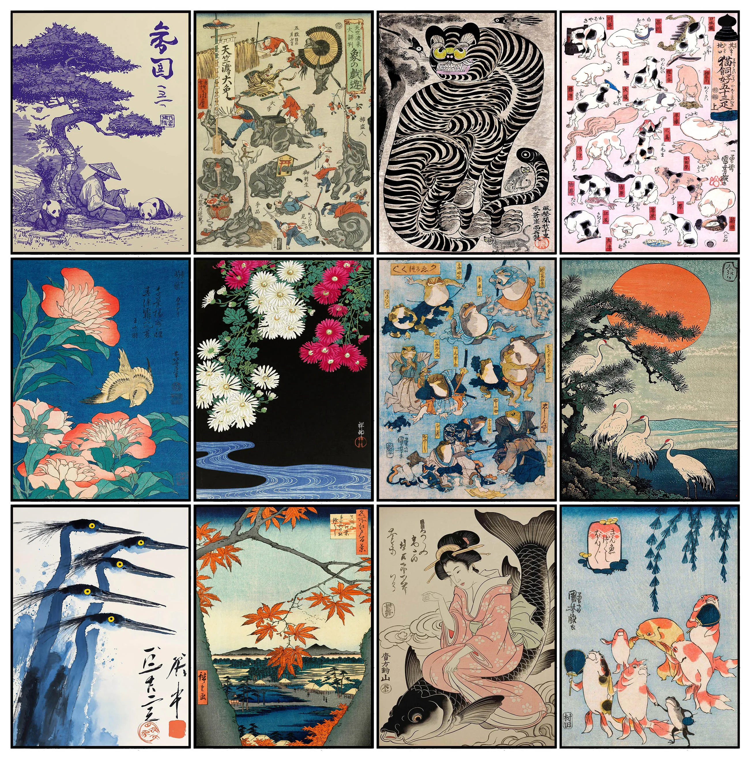 1pc frameless Retro Japanese Artwork Katsushika Hokusai Illustration Peony Canary Animal Poster Canvas Paintings Wall Art Pictur