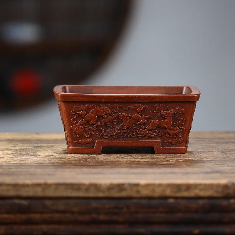 Purple Sand Rectangle Bonsai Pot, Chinese Emboss Carved Garden Decoration,Red Amber Color