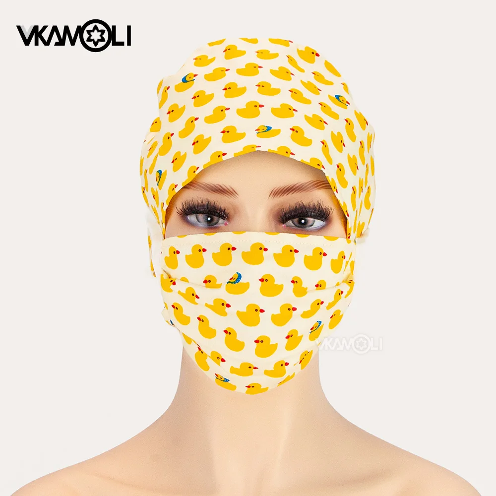Unisex Cotton Scrub Caps with Mask Solid Color & Printed Pattern Adjustable Surgical Hat for Medical Staff