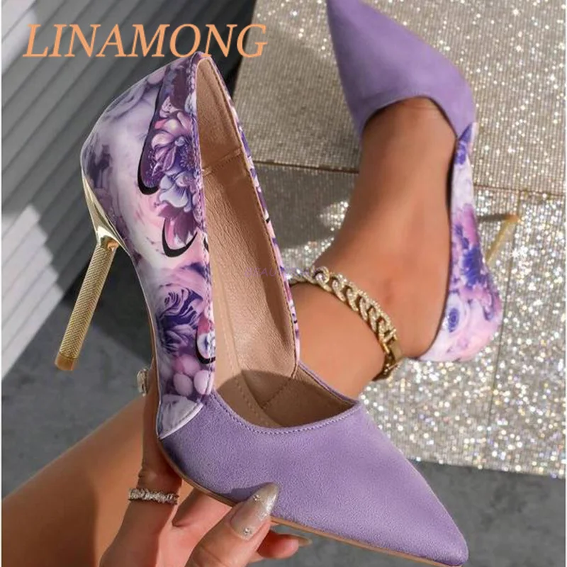 

Violet Suede Leather Patchwork Single Shoe Fashionable Pointed Print Ankle Strap Design Temperament Lady's Metal Slim High Heels