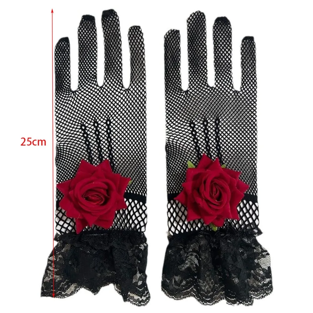 جديد روز زهرة الدانتيل شبكة القفازات تأثيري فستان الحفلات شبكة صيد السمك قفازات التصوير الدعامة الشرير الهيب هوب الزفاف قفازات الزفاف الطرف