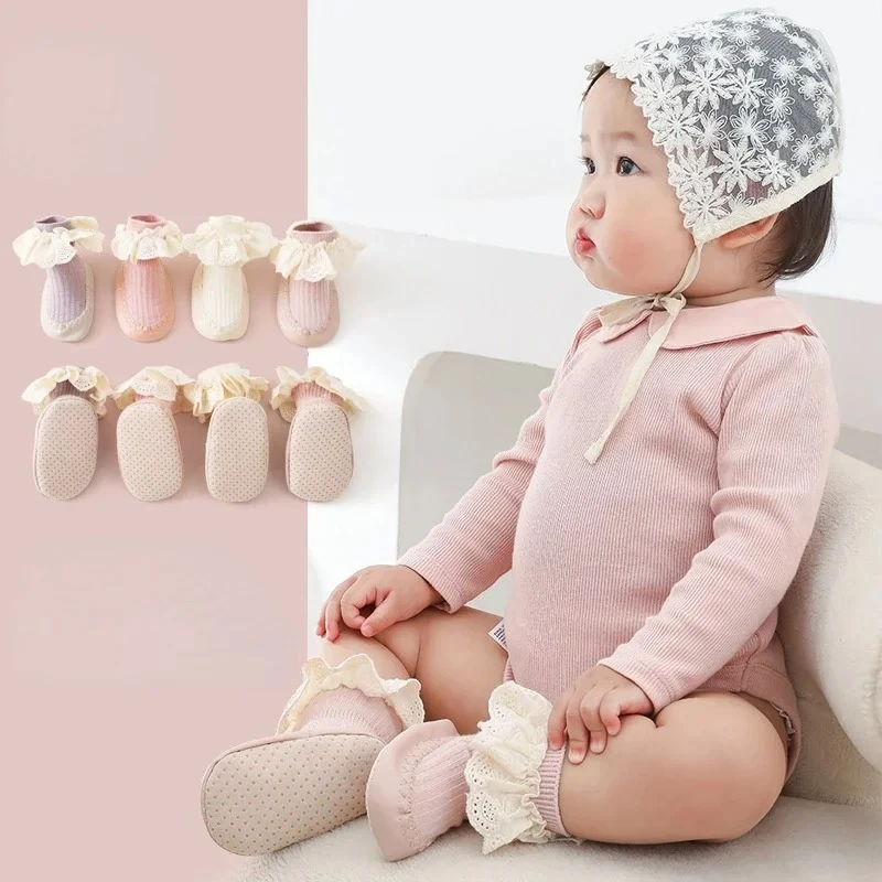 New Baby Ruffle Socks with Rubber Soles Infant Sock Newborn Autumn Children Floor Lace Flowers Shoes Anti Slip Soft Sole Sock