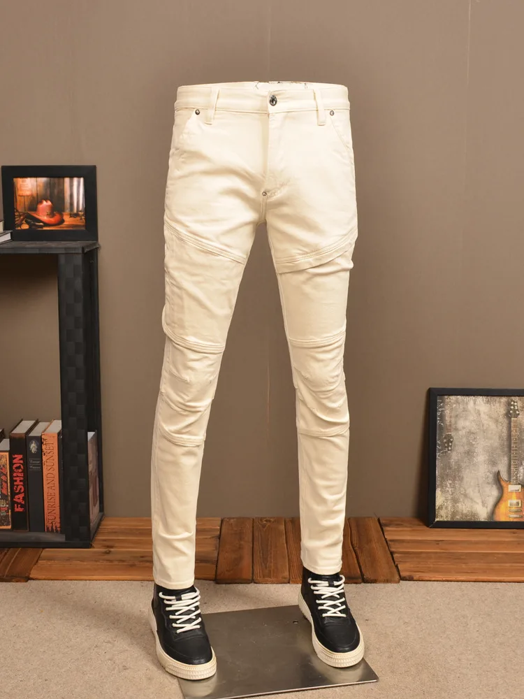 

White Jeans Men's Fashion Stretch Slim High-End Splicing Machine Car Style Casual Cool Street Skinny Tappered Pants