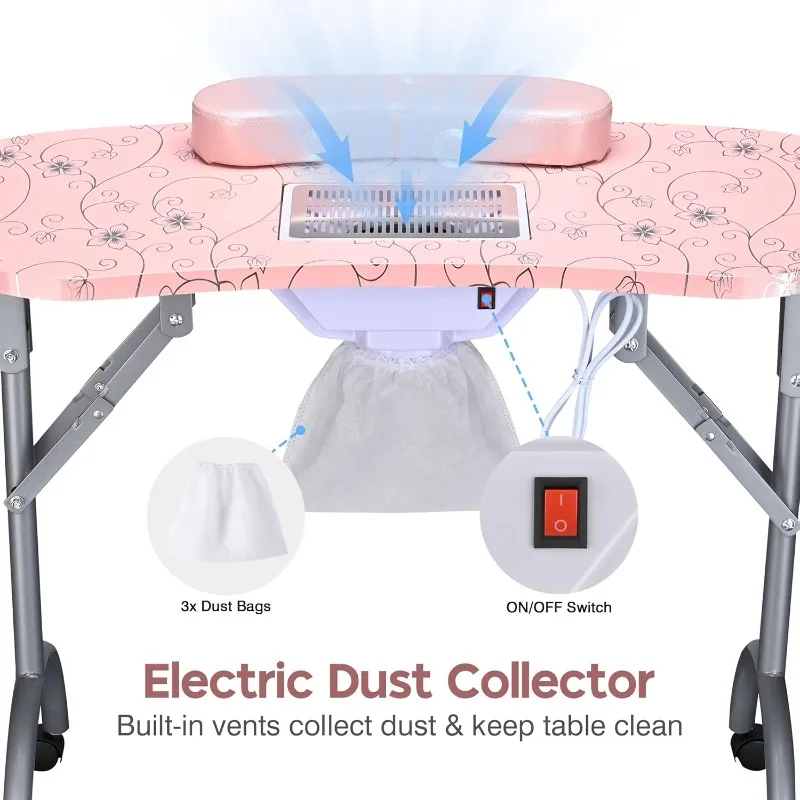 Portable Manicure Table Folding Nail Desk with Built-in Dust Collector & Carry Bag, Nail Table With Lockable Wheel