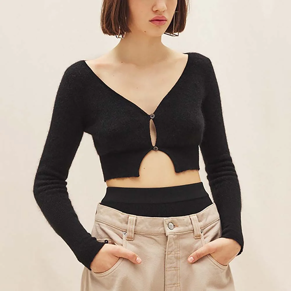 2024 Spring And Summer New Y2k Black V-Neck Women\'s Knitted Cardigan Top Simple Versatile Single Breasted Long Sleeve Sweater