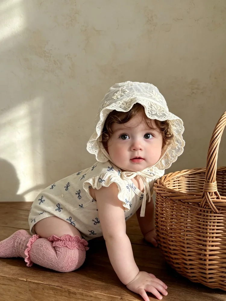 Cute baby romper summer pure cotton clothes baby lace sleeves O-neck short flutter sleeve baby clothes crawling Bow clothing