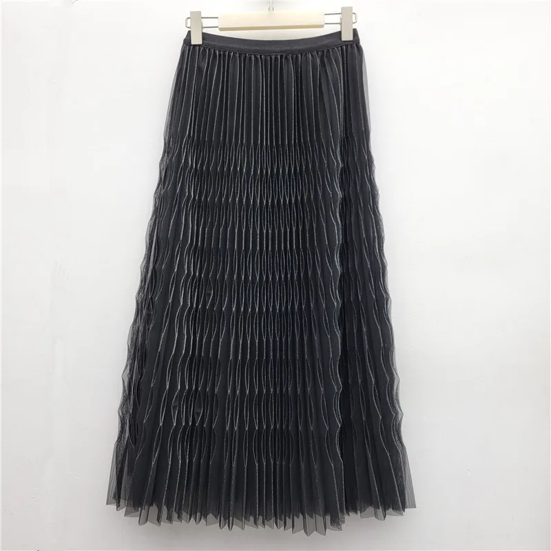 HKSH Women Skirt Niche Design Heavy Accordion Pleated Elastic Waist Solid Color Versatile High Street A-Line Long Skirts HK26741
