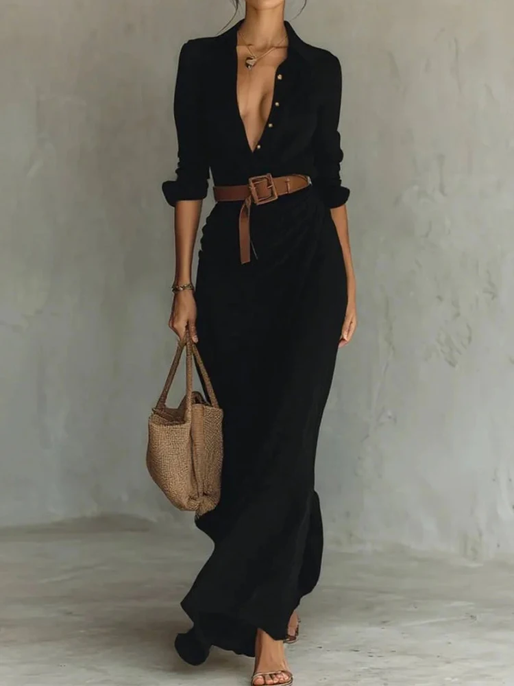 Lente zomer chique maxi-jurk met lange mouwen, dames turn-down kraag eenvoudige feestjurk, 2025, effen patchwork damesjurk vestidos