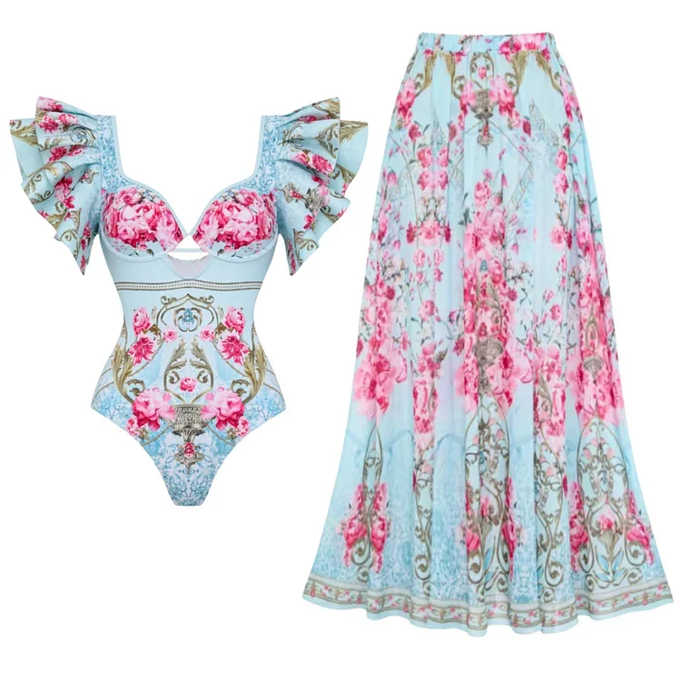 2024 Women Vacation Beachwear Luxury Bathing Suit Ruffled Blue Blooming Flowers Print One Piece Swimsuit and Skirt
