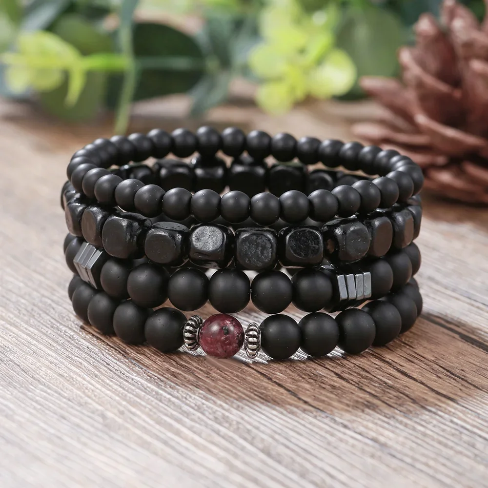 Mixed Size Natural Stone Beads Men Couples Bracelet Multilayer Black Matte Wood Beads Charm Bracelet Sets For Women Jewelry Gift