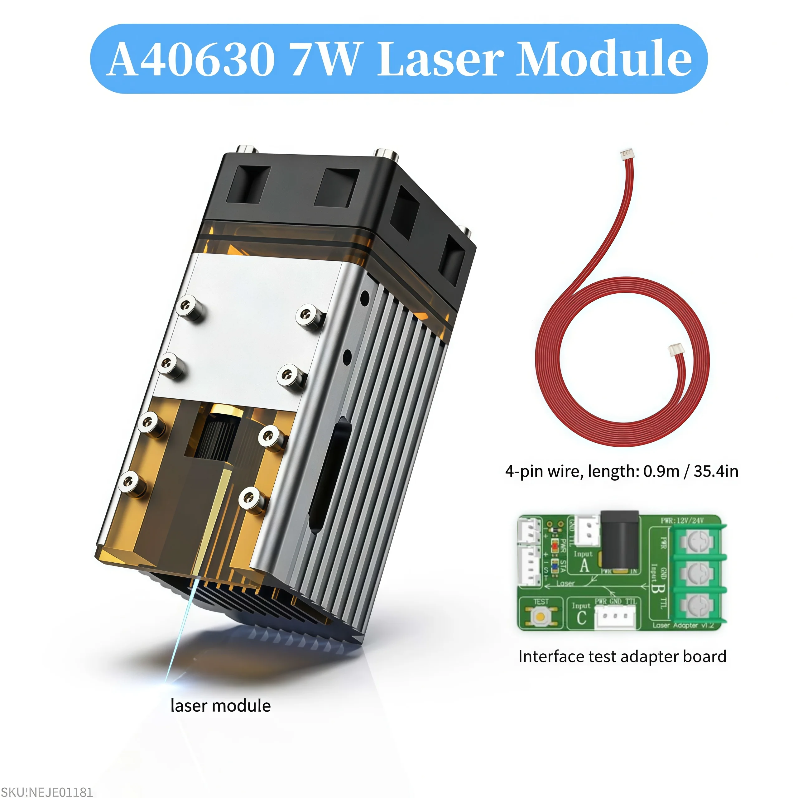 NEJE 7W A40630 diode laser module for laser cutting and engraving, 450nm blue light with TTL/PWM modulation, FAC technology