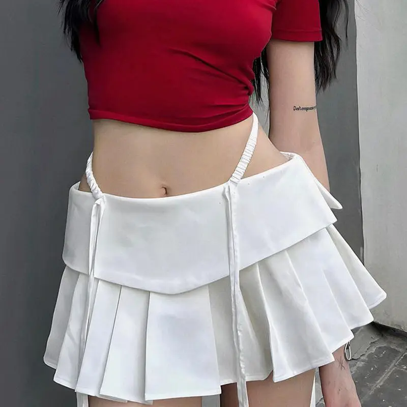 

Mini Skirts Flange Solid Color Summer Low Waist Skirts Women'S Sexy Vintage Pleated Skirt Korean Shot Girl Miniskirt