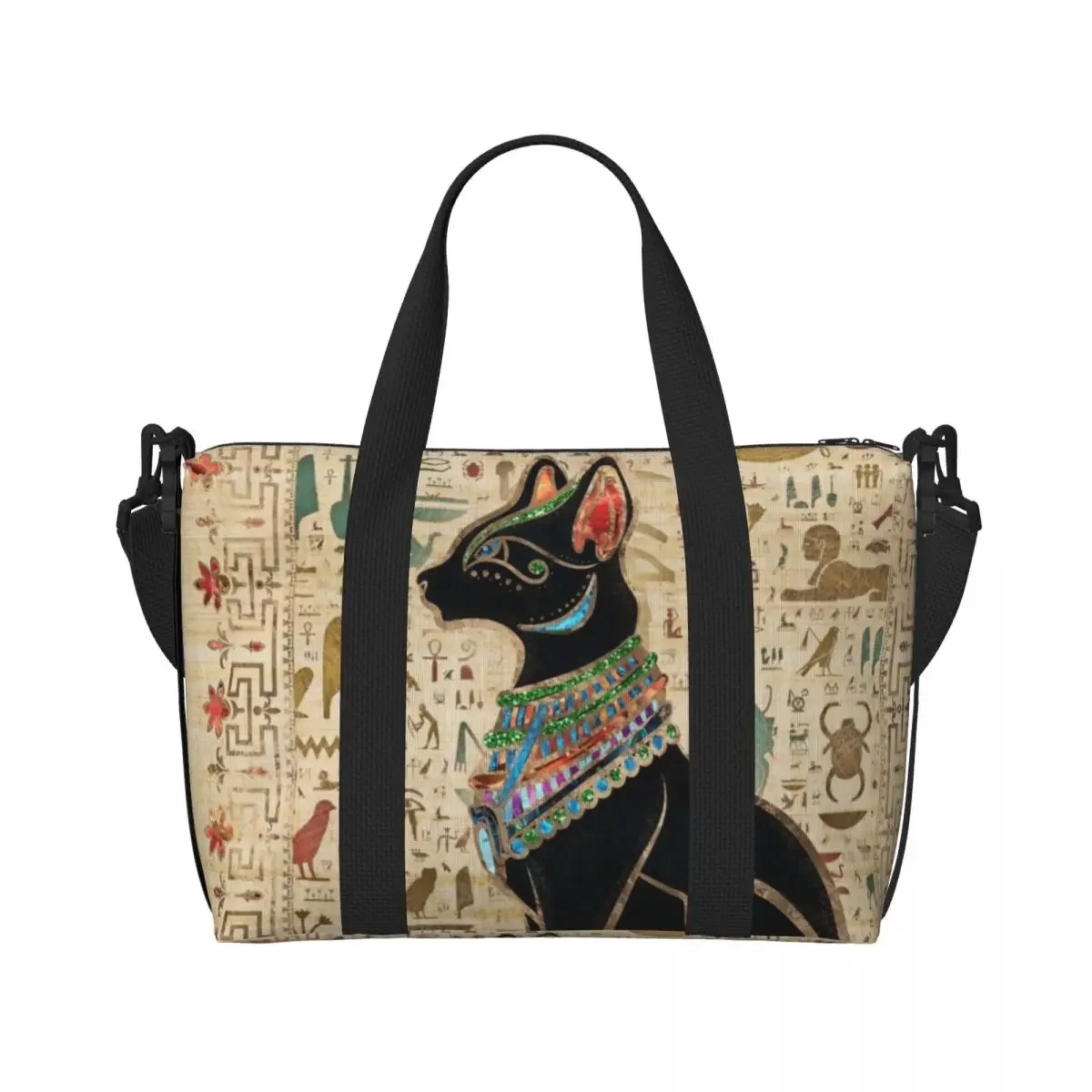 Custom Egyptian Cat Groceries Tote Shopping Bags Women Big Capacity Egypt Hieroglyphic Gym Beach Travel Bags