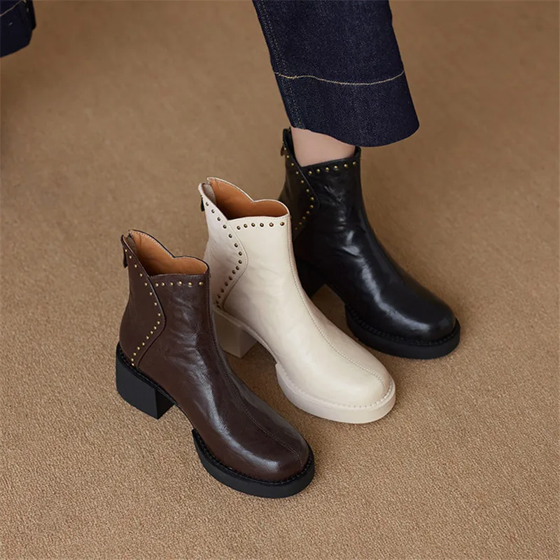 

New Autumn/winter Genuine Leather Women Boots Round Toe Shoes for Women Fashion Rivet Boots High Heels Platform Chelsea Boots