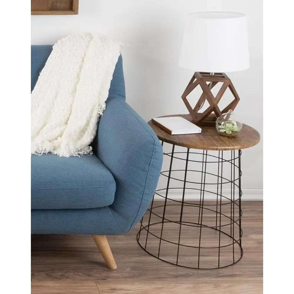 End Storage – Nesting Wire Basket Base and Wood Tops – Industrial Farmhouse Style Side Table Set of 2, 17.75D x 17.75W x 21H in